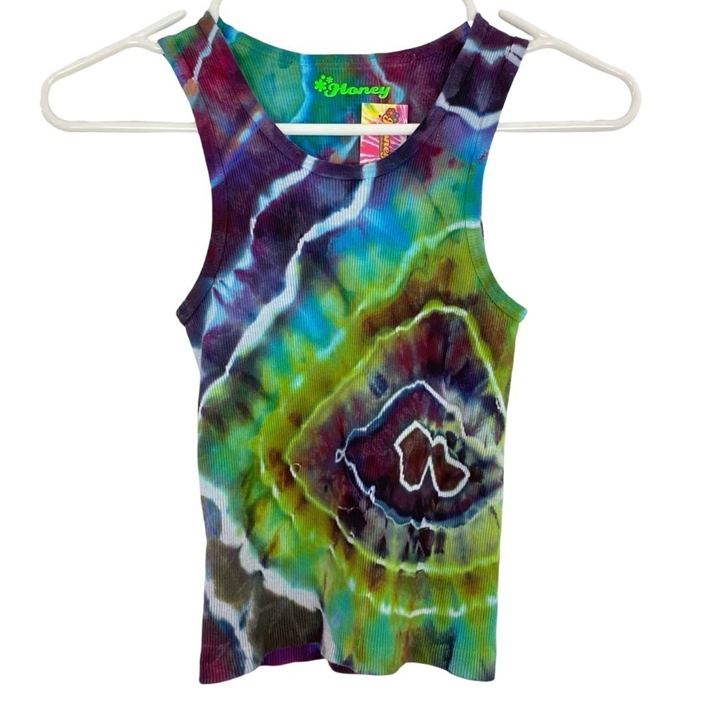 Handmade Geode Tie Dye Ribbed Tank Top Womens Size Small Multi Green Upcycled